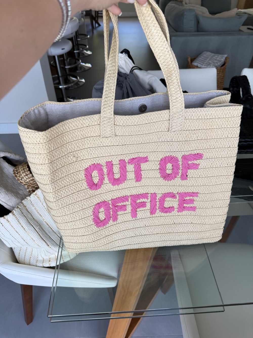 Out of Office Straw Tote - Pink Lettering